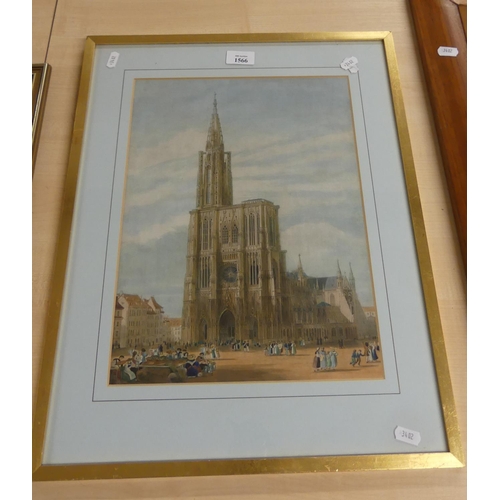 1566 - Framed Coloured Print - Continental Cathedral, approx 28 x 37cm.