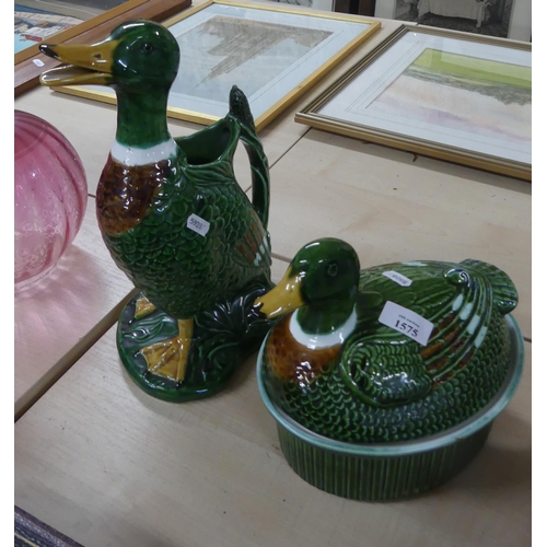 1575 - Glazed Pottery Nesting Duck & Similar Jug.