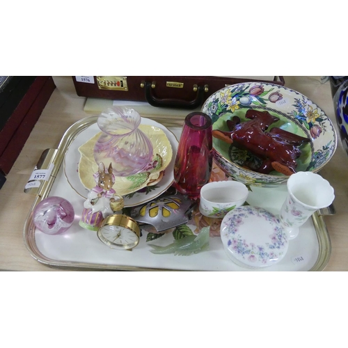 1577 - Tray Lot - Maling Bowl, Glass Paperweight, Vintage AA Badge etc.