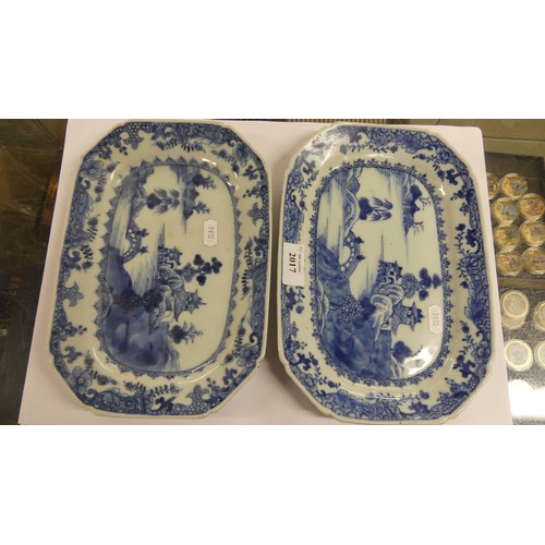 2017 - Pair of Chinese Underglazed Blue Willow Pattern Serving Dishes, approx 27cm across.