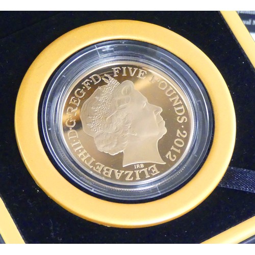 2156E - Cased UK Royal Mint London 2012 Olympic £5 Gold Coin - 531/5000, weighing 39.94g (0.9167 22ct). Comp... 