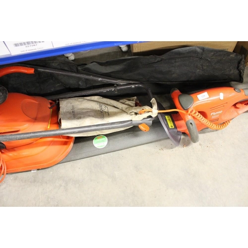 128 - Electric Flymo Lawnmower, Hedge Trimmer & Attachments