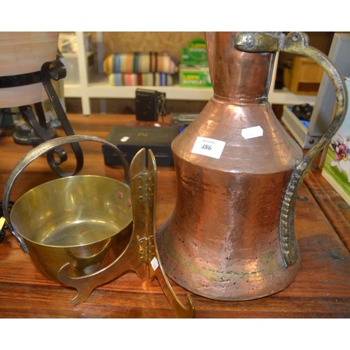 486 - Eastern Copper Jug, Brass Jelly Pan & Plate Stand