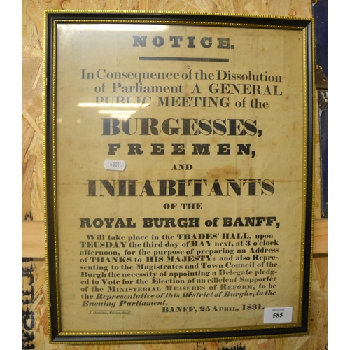 585 - Antique Framed Notice For Royal Burgh Of Banff 1831