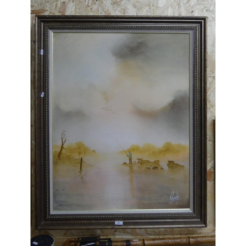 2003 - Large Framed Oil Painting - Fisherman on River Signed R. Huxley, approx 70 x 90cm.