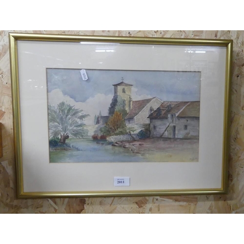 2011 - Framed Watercolour - Continental River Landscape, Signed NDW, approx 36 x 22cm.