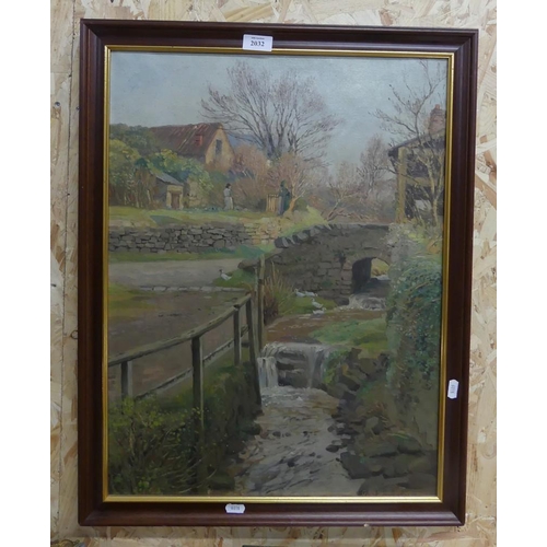 2032 - Framed Oil Painting - Farm Buildings with Stream in Foreground, Signed Donald H Floyd, dated 1943, a... 