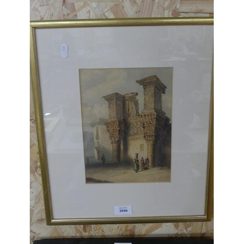 2046 - Framed Watercolour, European Temple Ruins, 18 x 25cm.