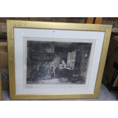 2062 - Victorian Framed Print, Interior Scene, approx 44 x 31cm.