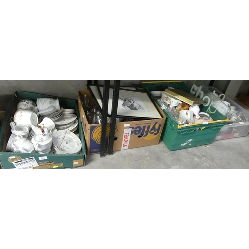 2071 - Four Boxes - Prints, Part Tea Sets, Kitchenware etc.