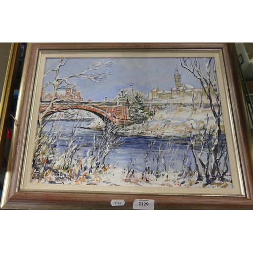 2129 - Framed Oil Painting - Winter Scene River Kelvin Glasgow, signed Robin Fraser, approx 40 x29cm.