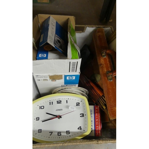 2144 - Box - Clocks, Leather Satchel, Prints, etc.