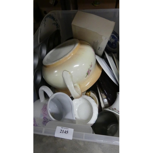 2145 - Large Box of Assorted Pottery & Glassware.