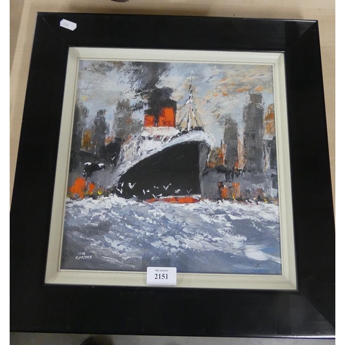 2151 - Framed Oil Painting - Liner Leaving New York, by Tom Gardner, approx 29 x 29cm.