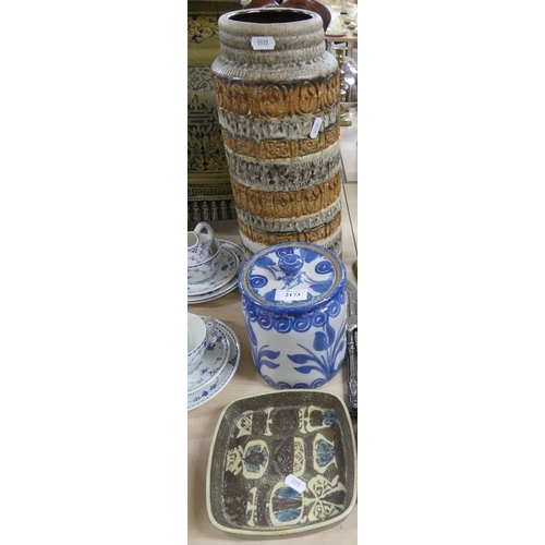 2173 - West German Pottery Vase A/F, Royal Copenhagen Retro Dish, Blue & White Pottery Biscuit Barrel.