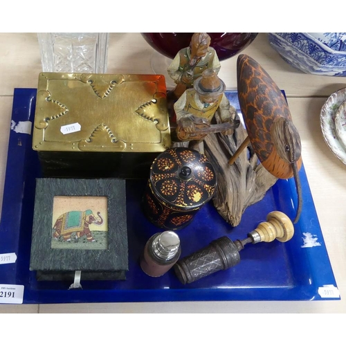 2191 - Tray Lot - Carved Wood Figures, Embossed Brass Box, Papier Mache String Holder etc.