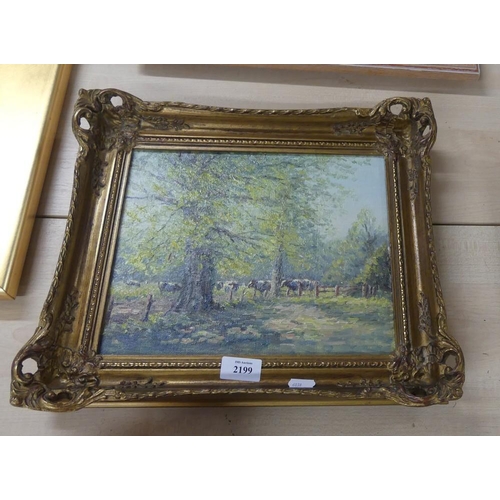 2199 - Small Gilt Framed Oil Painting, Cattle by Tree, Unsigned, 29 x 24cm.