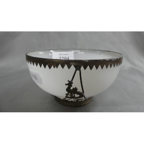 2204 - Chinese Opaque Bowl with White Metal Mounts, decorated with Dragons, approx 11.5cm in diameter.