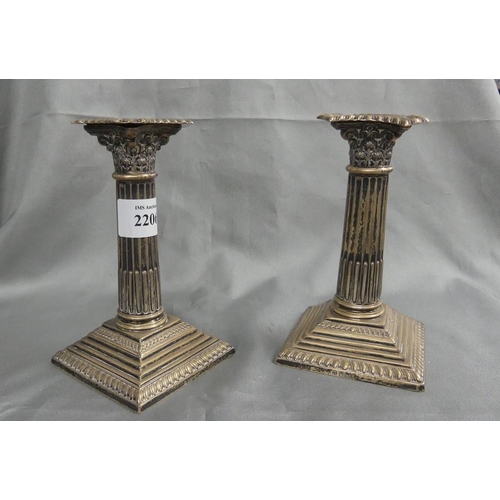 2206 - Pair of Loaded Dwarf Victorian Sheffield Silver Corinthian Column Candlesticks, approx 14.5cm tall.