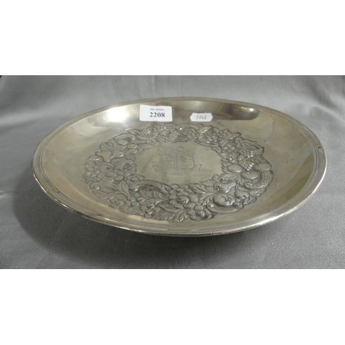 2208 - Antique White Metal Shallow Bowl with Armorial Crest, approx 23cm in diameter.