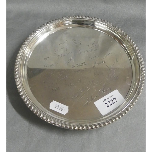 2227 - Circular Birks Silver Card Tray - Autographed Engraving, dated April 1952.