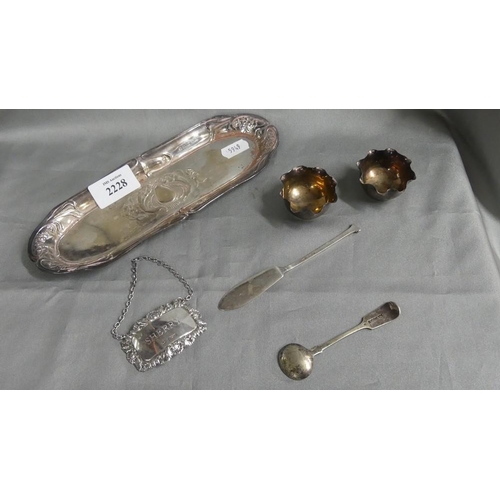 2228 - Silver Pen Tray, Silver Sherry Decanter Label, Two Silver Salts & Silver Butter Knife.