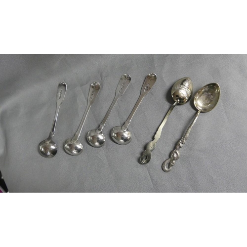 2234 - Four Antique Silver Fiddle Pattern Mustard Spoons & Pair of Chinese Silver Teaspoons.