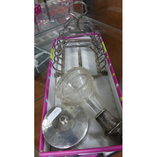 2237 - Silver Top Jar, Silver Glass Atomiser and a Plated Toast Rack