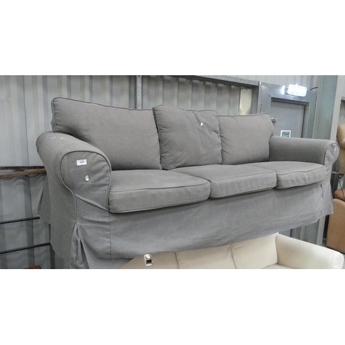 3003 - Grey Fabric Upholstered 3 Seat Sofa With Loose Covers.