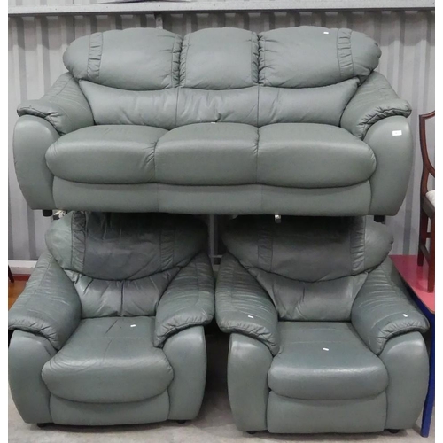 3017 - Green Leather 3 Piece Suite with Reclining Chair