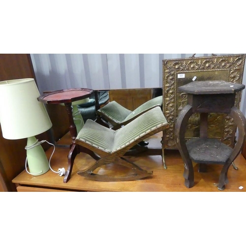 3022 - Brass Fire Guard, Wine Table, Lamp & Shade, Gout Stool & Plant Stand.