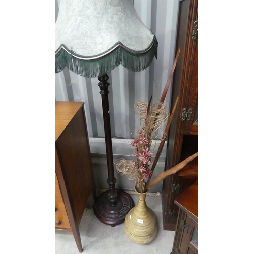 3024 - Mahogany Standard Lamp & Shade, Vase Of Artificial Flowers.