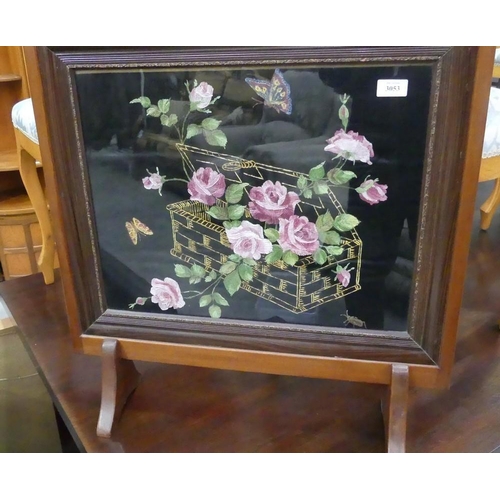 3053 - Mahogany Framed Fire Screen With Floral Painting On Fabric.