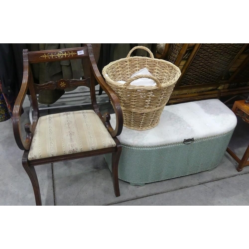 3087 - Mahogany Elbow Chair, Log Basket & Wicker Ottoman.