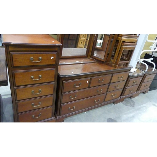 3113 - Cherrywood Dressing Chest, Tall 5 Drawer Chest & Pair Of Bedsides.