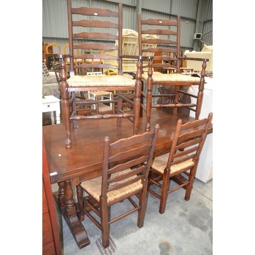 3132 - Oak Pull-Out Dining Table & 6 Rush Seated Chairs.