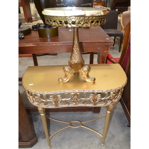 3137 - Gilded Side Table & Onxy Pedestal Wine Table.