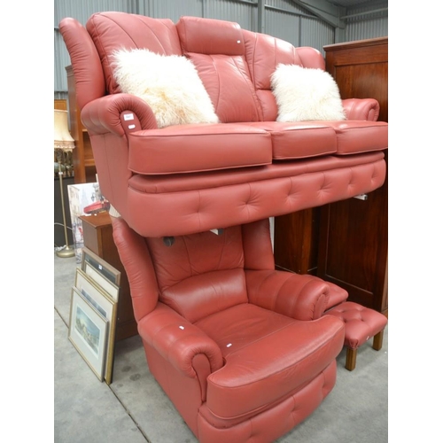 3167 - Leather 3 Seat Sofa, Chair & 2 Footstools.