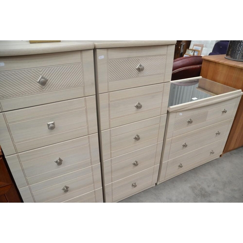 3177 - Limed Oak 3 Drawer Chest, Mirror and Pair of Slim 5 Drawer Chests.