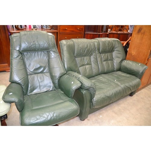 3204 - Green Leather 2 Seater Sofa and Swivel Chair