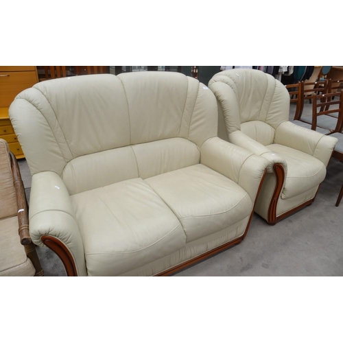 3279 - Cream Leather 2 Seat Sofa & Matching Armchair