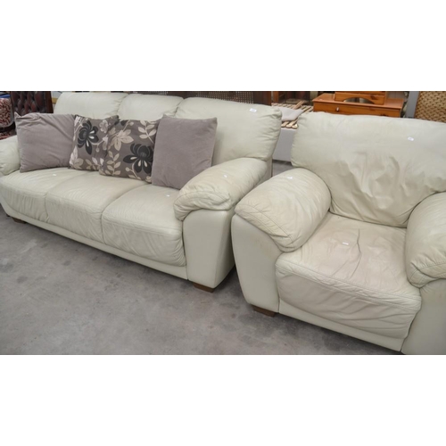 3470 - Cream Leather 3 Seat Sofa & Matching Chair