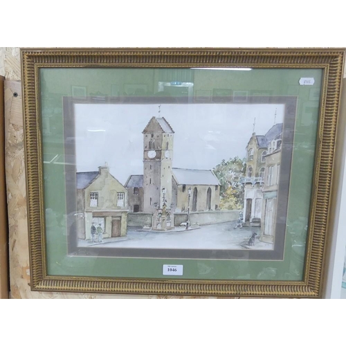 1046 - Frame Watercolour - Dunning Cross by J Van Someren, approx 37 x 27cm.