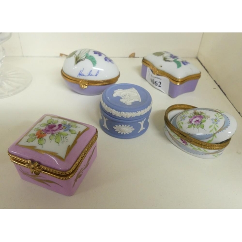 1062 - Four Limoges Porcelain Pill Boxes & One Wedgwood Blue Jasper.