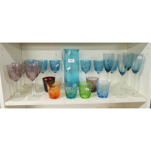 1098 - Collection of Assorted Tinted Wine Glasses, Jug & Whisky Glasses.