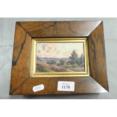 1178 - Rosewood framed Oil Painting - Landscape with Cottage in Foreground, approx 12 x 7.5cm.