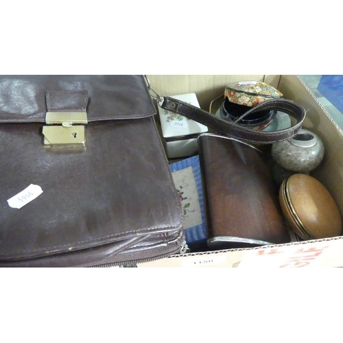 1180 - Box - Hip Flasks, Leather Bag, Brass Clock etc.