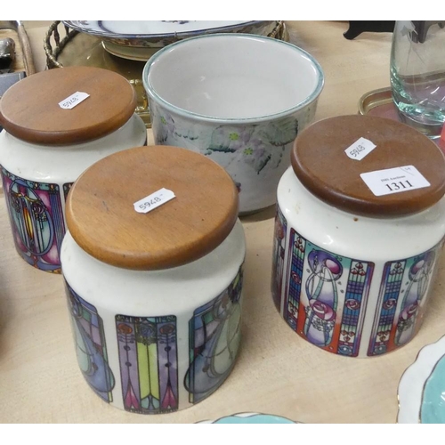 1311 - Three Dunoon Stoneware Kitchen Storage Jars & Tain Pottery Planter.