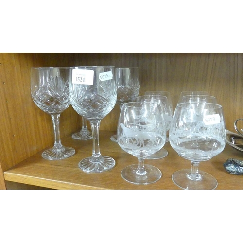 1521 - Four Wine Glasses and Set of Six Engraved Brandy Glasses.