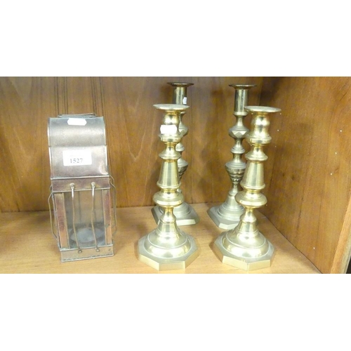 1527 - Two Pairs of Brass Candlesticks & Copper Lantern.